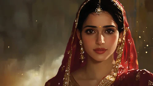 Emberlit bride gazes forward, wrapped in ruby silk dreams