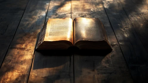 Sunlit antique bible whispering stories across the table.