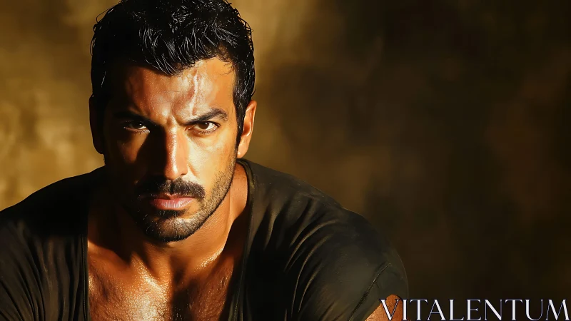 Brooding desert warrior under molten amber studio light.