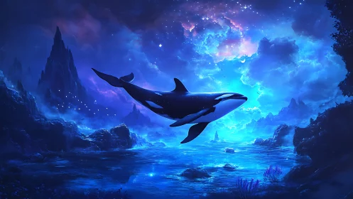 Orca swims through luminous blue fantasy seascape sky