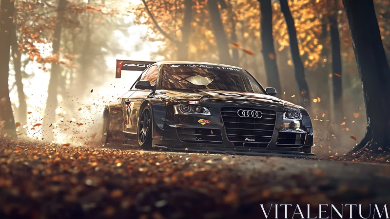 Audi RS race car powers through autumn forest curve