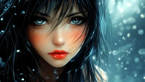 Stormlit gaze of a dreamlike girl in soft blue glow.