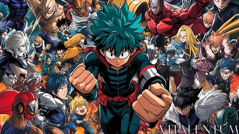 Heroic anime squad surging forward in bold, fiery unity.