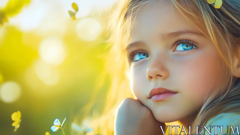 Young girl with blue eyes gazes amid golden sunlight and butterfly