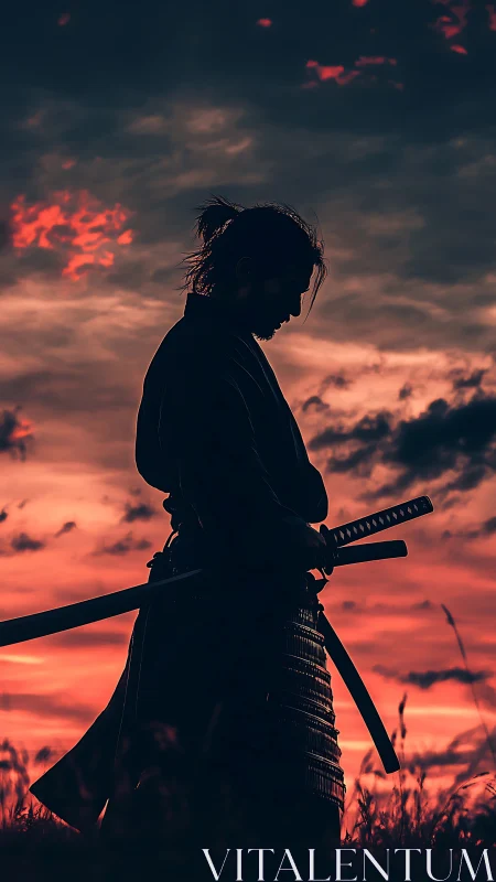 Samurai silhouette holding swords against red sunset sky.