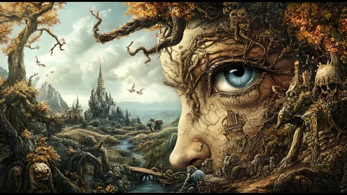 Surreal arboreal face merges with fantasy citadel and eroded ruins