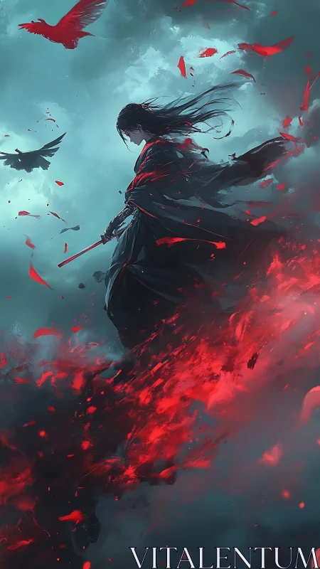 Solitary swordmaster walks through storm of crimson embers
