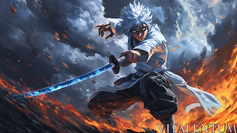 Storm-eyed swordsman dancing between fire and thunder skies.