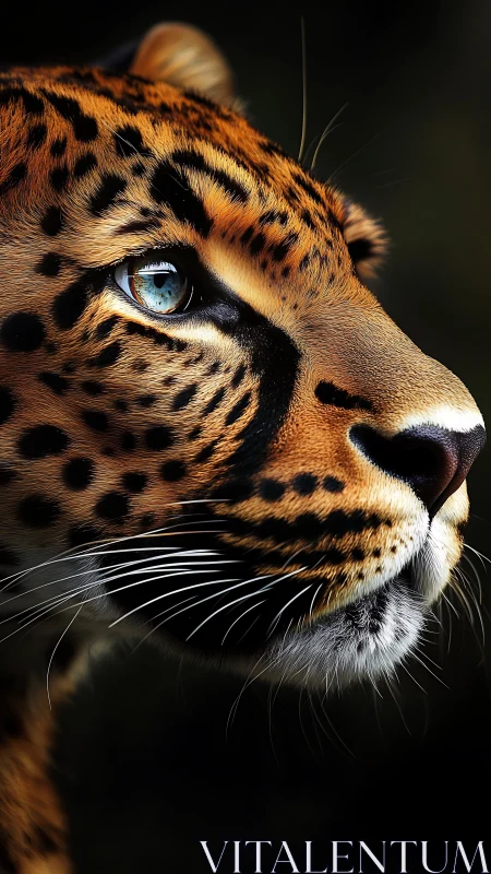 Close lateral profile of spotted big cat against dark field.