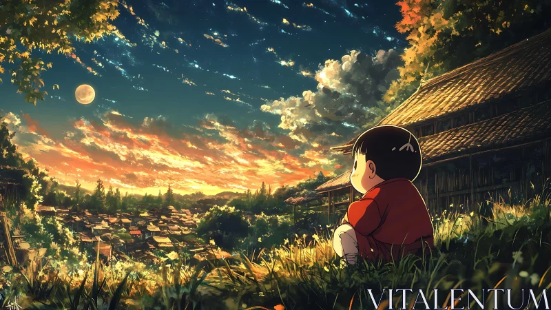 Anime sunset village vista with contemplative child framing.