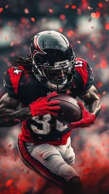 Football running back drives forward through red stadium haze