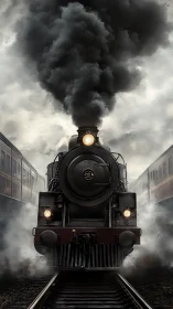 Powerful steam locomotive charges ahead through misty rails