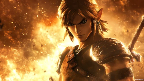 Heroic elf warrior emerges from blazing golden inferno.