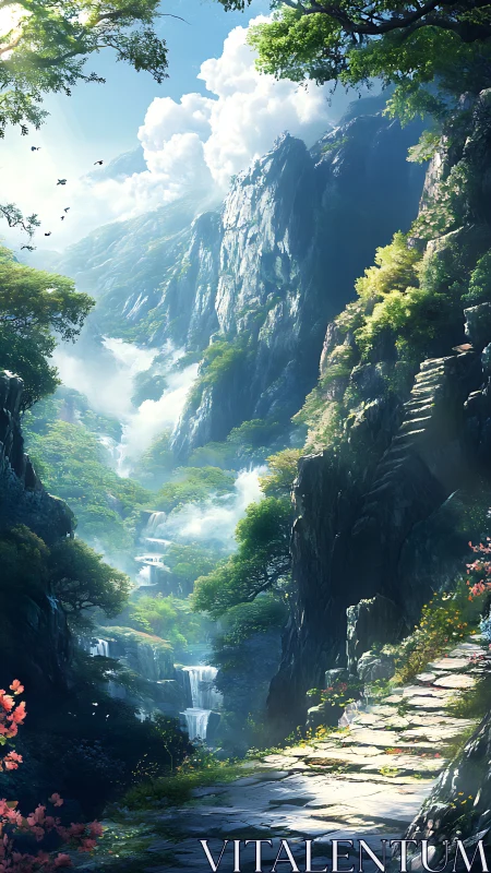 Mountain gorge shows layered waterfalls and stone path