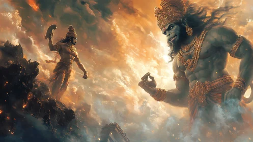 Colossal monkey deity confronting warrior amid burning skies.