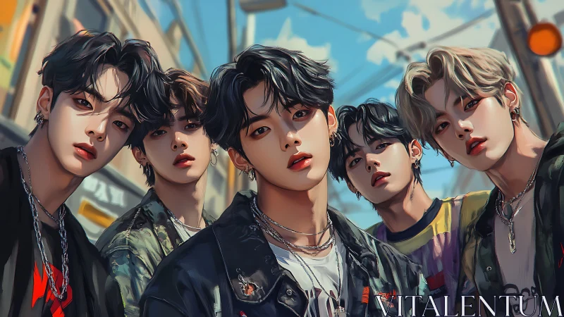 Stylized portrait of five young men in urban street scene.