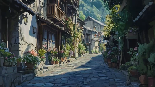 Narrow stone street shows rustic houses lined with flowers