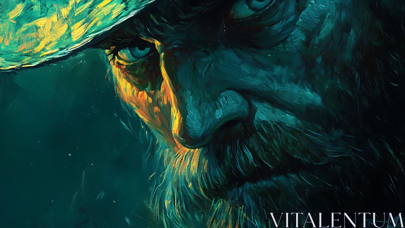 Weathered gaze in teal and gold, a quiet storm of emotion.