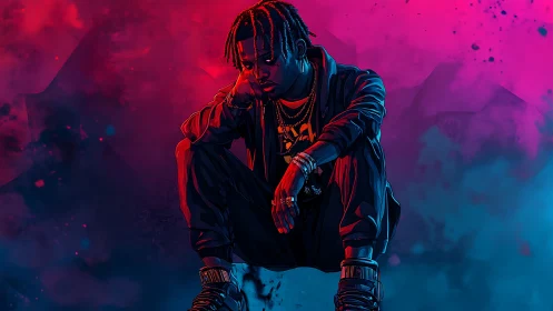 Seated figure in streetwear lit by vivid neon gradients