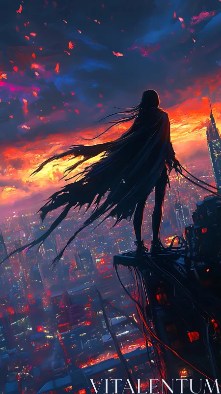 Lone cloaked figure surveys neon city at burning dusk