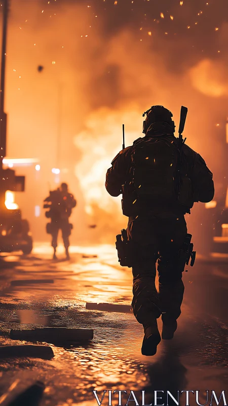 Soldier silhouette advancing through urban firestorm at night.