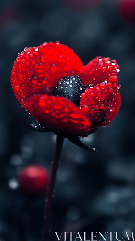 Crimson dewlit bloom glows against moody midnight bokeh.