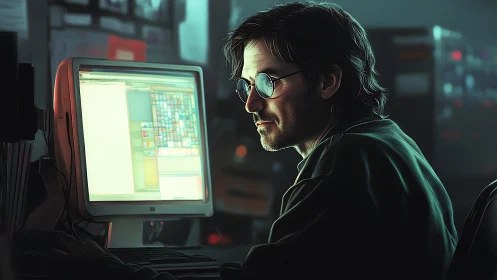 Nocturnal workstation operator at retro CRT terminal interface.