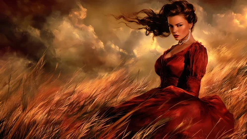 Woman in red dress stands in windswept golden field at dusk