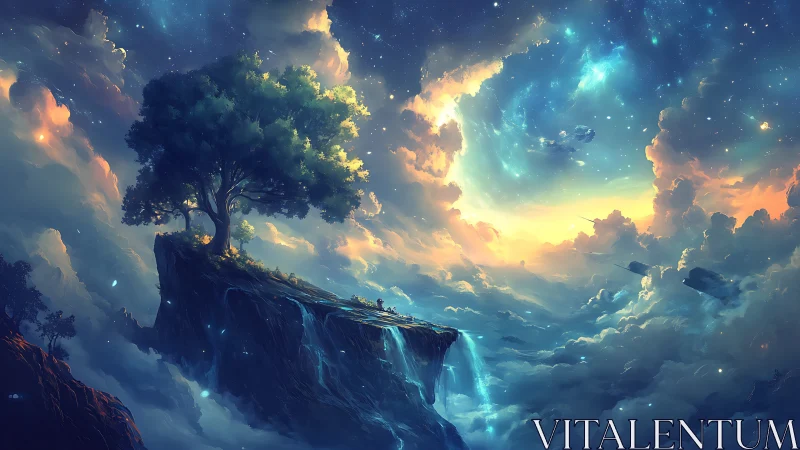 Dreamlit cliffside tree watches over a sky of flowing stars