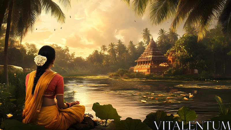 Woman meditates by riverside facing temple at warm sunset