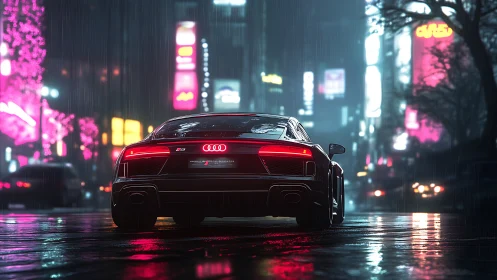 Audi sports coupe idles in neon city street during rain