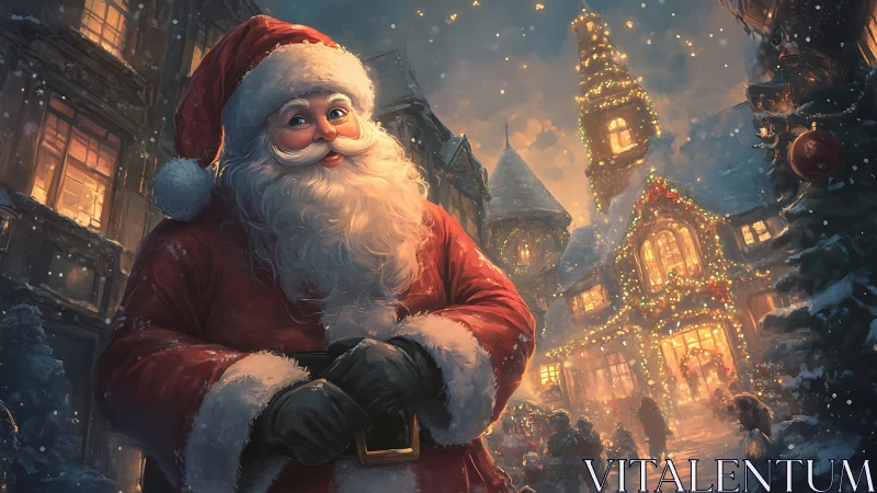 Santa in festive village with glowing Christmas lights at dusk.