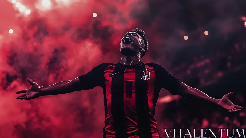Triumphant soccer player celebrating under red stadium lights.