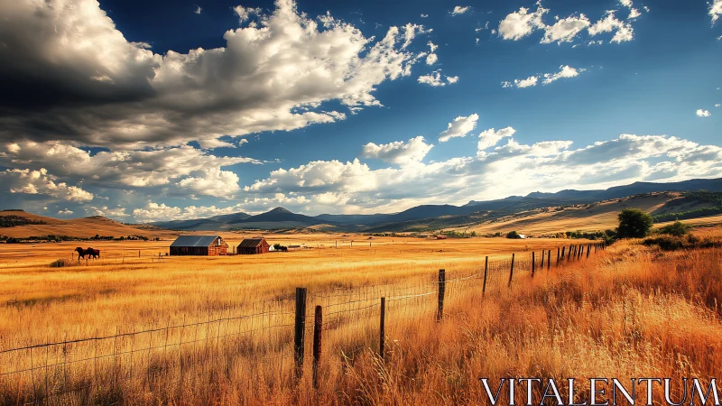 Golden ranch fields glow softly beneath a wide summer sky