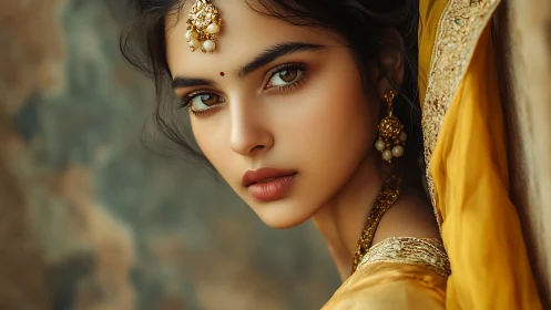 Elegant woman in golden traditional attire gazes softly.