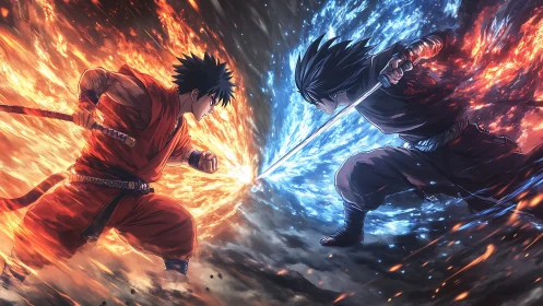 Fire warrior clashes with ice swordsman in explosive duel