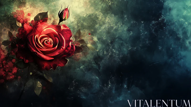 Deep Crimson Rose: Dramatic Digital Garden Against Moody Nebula.