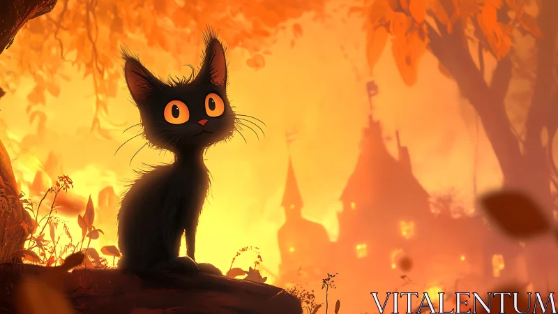 A Curious Black Cat Glowing Against a Fiery Orange Sunset