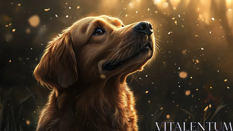 Golden retriever basking in soft evening forest light.