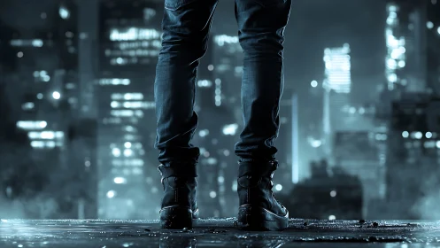 Lone figure stands over rain-soaked rooftop in neon city