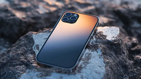 Premium smartphone resting against weathered stone surface.