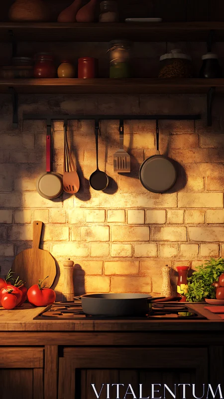 Sunlit rustic kitchen altar of pans, herbs, and tomatoes.