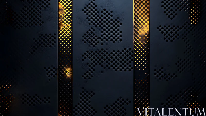 Dark perforated metal panels glow with molten golden light