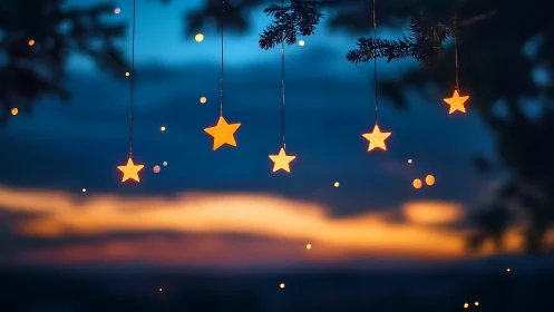 Star-shaped lantern garlands over twilight bokeh horizon.