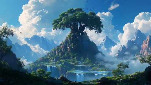 Ancient world tree crowns terraced cliffs above misty falls.