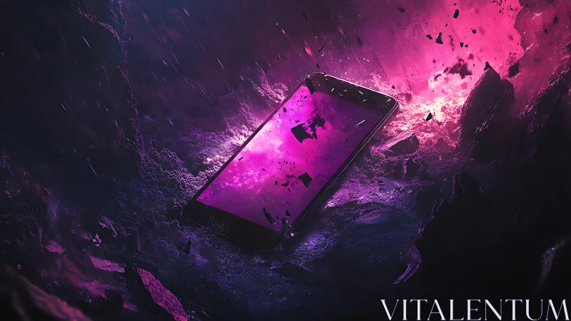 Glowing smartphone drifts through a storm of neon energy.
