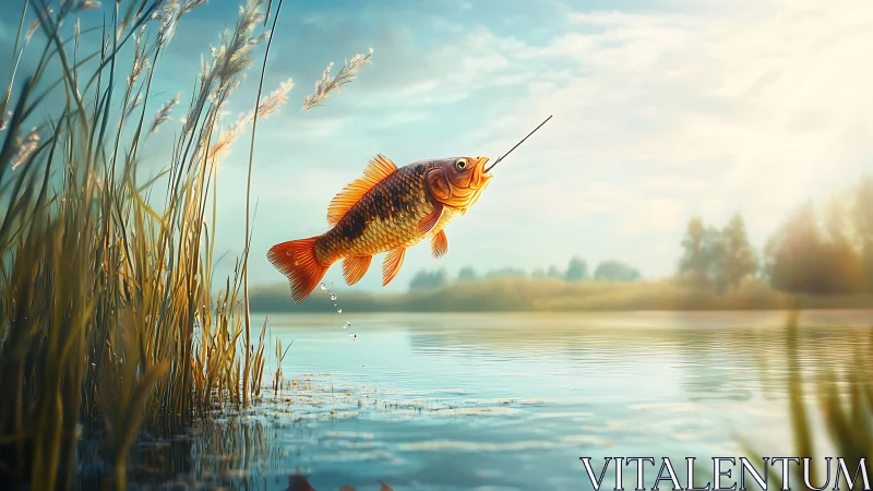 Digital painting of leaping hooked fish in luminous lakeside air.