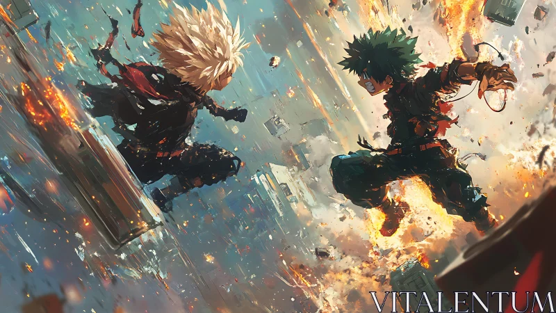 Explosive aerial duel rendered in dynamic anime battle composition