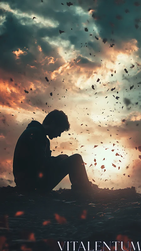 Backlit human silhouette amid turbulent ember-filled sky.