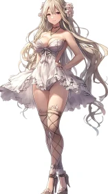 Elegant anime girl in ruffled white dress and lace stockings.